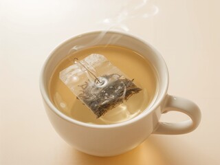 Tea Brewing Experience: Hot Aromatic Green Tea with Teabag in Cup for Relaxation and Wellness - Cozy Infusion and Comfort Drink from Elevated View