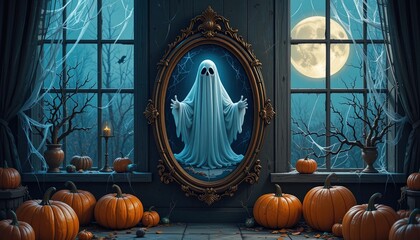 Ghostly apparition in an antique mirror at night.