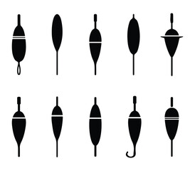 Set of fishing floats and bobbers icons in black silhouette style, Fishing equipment symbols on white background.  © Nazmul