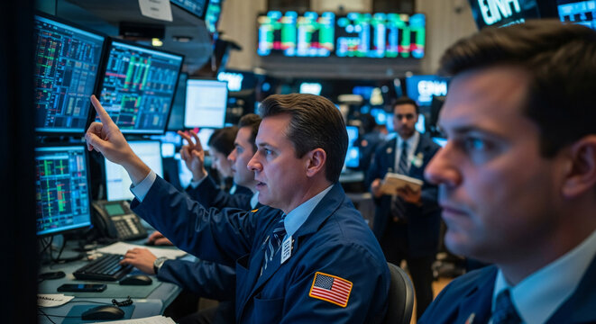 Intense Stock Market Trading: Brokers Analyzing Data on Multiple Screens in a Busy Exchange