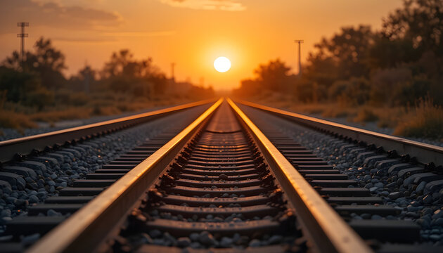 Golden Sunset Over Parallel Railway Tracks – Symmetrical Perspective Landscape Photo
