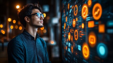 young man analyzing digital data on futuristic interface in a modern tech environment
