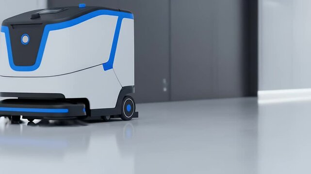 Automated Floor Cleaning Machine Moving in Modern Hallway