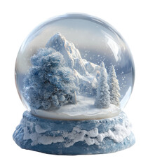 Enchanting snow globe scene with snow-covered mountains winter wonderland