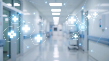 Abstract blurred hospital or lab setting with glowing medical icons and digital connectivity
