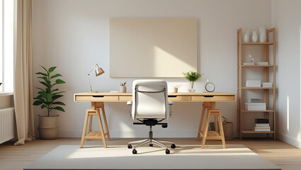 Serene minimalist home office showcases a bright workspace with a wooden desk, comfortable chair, and natural light flooding the interior