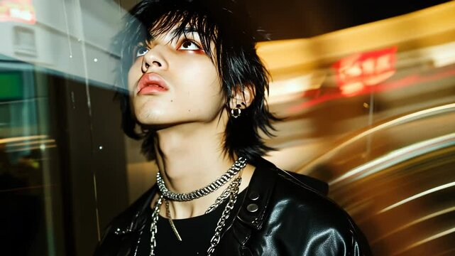 Stylish portrait of a young man in Harajuku fashion style with vibrant neon lights and dynamic motion blur.