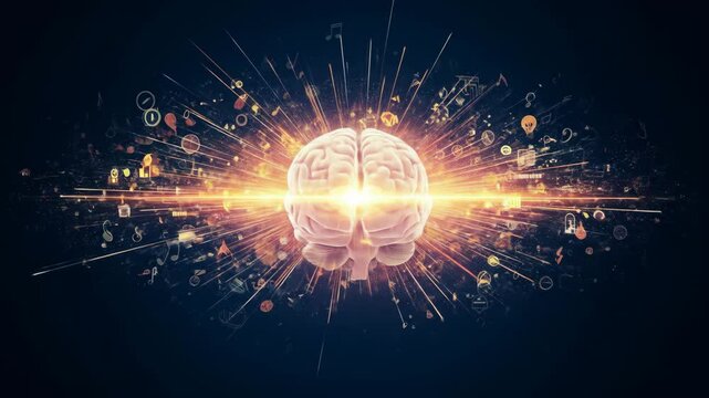 Brainpower: Ideas Exploding from the Mind - A human brain is depicted at the center of a vibrant explosion of light and symbolic imagery, representing creativity, innovation, and the power of thought.