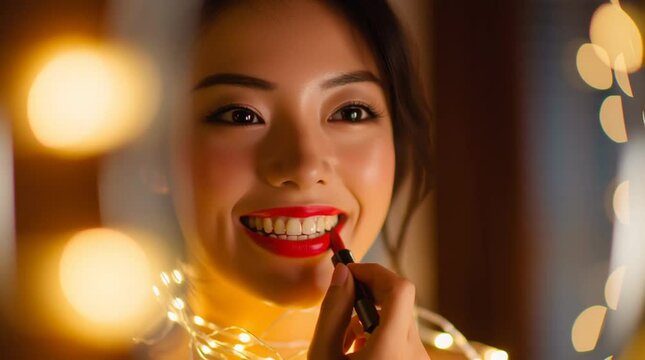Beautiful woman applying red lipstick with a joyful smile, surrounded by glowing string lights in a cozy indoor atmosphere