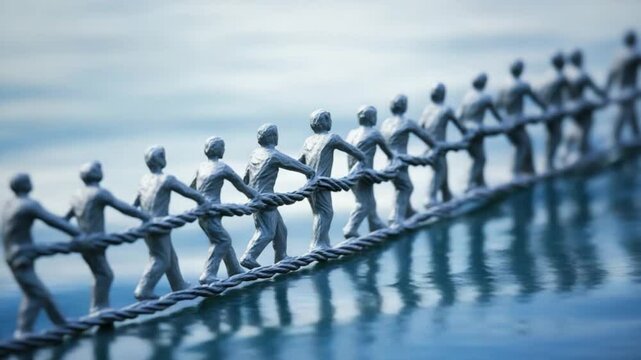 A line of figurines holding onto a rope over water with reflections in a blue toned image