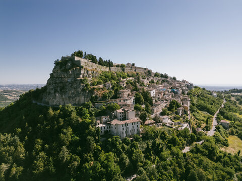 Italy, July 4, 2025: Aerial view, from the drone, of the medieval village of Civitella del Tronto, in the province of Teramo, in Abruzzo. Here you can breathe peace and tranquility and history.