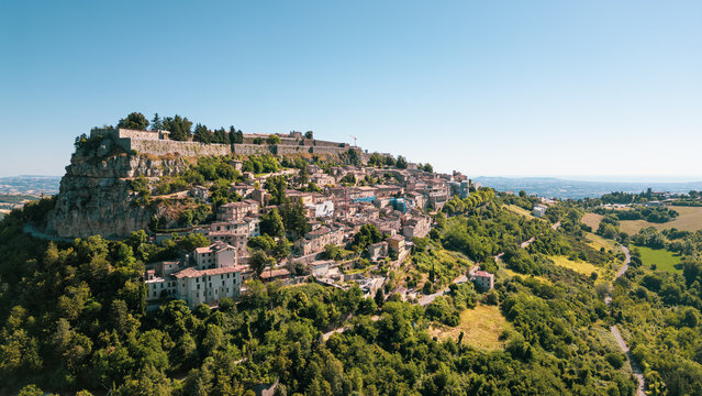 Italy, July 4, 2025: Aerial view, from the drone, of the medieval village of Civitella del Tronto, in the province of Teramo, in Abruzzo. Here you can breathe peace and tranquility and history.