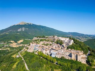 Italy, July 4, 2025: Aerial view, from the drone, of the medieval village of Civitella del Tronto, in the province of Teramo, in Abruzzo. Here you can breathe peace and tranquility and history.