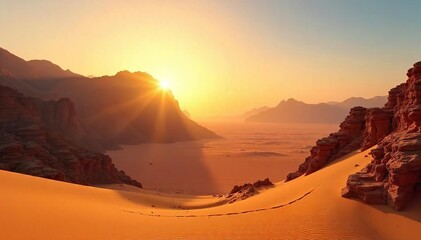 Naklejka premium Golden Sunset Bathes Majestic Dubai Desert Mountains in Dramatic Light, Casting Long Shadows Across Sand Dunes. Rugged Peaks and Textured Rock Formations Create a Breathtaking Panorama.