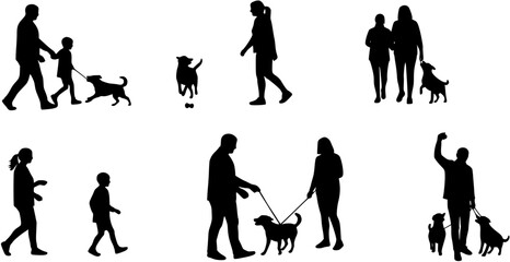 Silhouettes set of family walking and playing with dog vector illustration.
