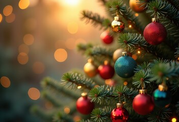 Obraz premium festive pine branches adorned colorful holiday ornaments shimmering light, decorative, greenery, christmas, decoration, tree, shine, sparkle, silver, gold
