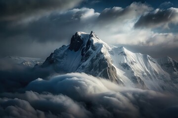 Majestic snow capped mountain peaks emerging through dramatic clouds