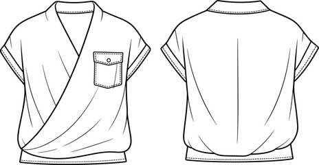 Vector fashion sketch, women's wrap blouse top, short sleeves shirt, pocket detail, V-neck design, back view included, stylish casual wear illustration