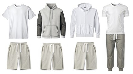 Studio Shot: Men's Casual Wear; White & Grey T-shirts, Hoodies, Shorts, Joggers; Mockup Apparel
