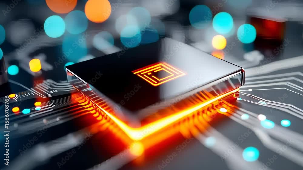 Poster macro shot of a modern microchip on a motherboard with red and blue glowing circuits in a futuristic
