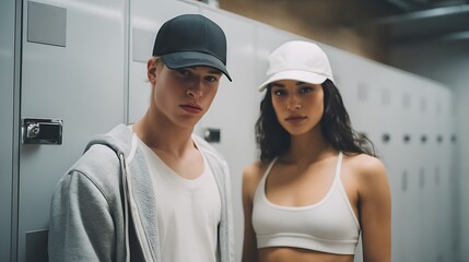 Young Athletic Couple Posing Confidently in a Locker Room Wearing Casual Sports Apparel