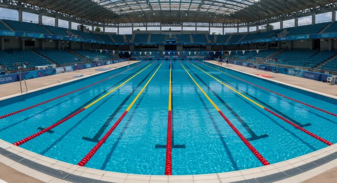 Olympic-size swimming pool with empty blue stadium seats and lane lines ready for a competition. Sports arena for summer sport.