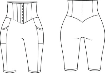 PrintHigh waist shapewear capri, compression fit, front hook closure, contour design, seamless legging style, fashion sketch, slimming bodywear illustrationHigh waist shapewear capri, compression 