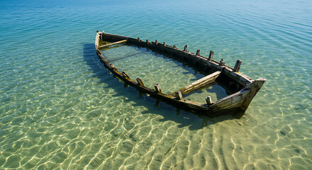 The remains of a sunken wooden boat rest in shallow, crystal clear turquoise water. A beautiful and serene scene of a shipwreck on a sandy seabed.