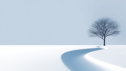 Serene Winter Landscape: A Lone Tree in a Snowy Field with Soft Shadows