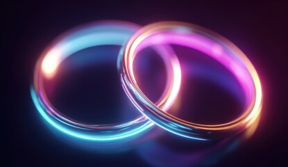 Intertwined luminous rings glow with vibrant neon hues, creating a captivating abstract artwork.