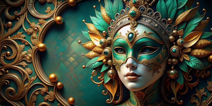 Luxurious Venetian Mask with Gold & Teal Embellishments - Stock Photo