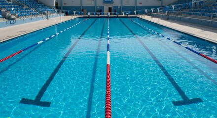 Empty clear blue swimming pool with lane ropes and starting blocks in indoor aquatic center. Sport, competition and healthy lifestyle concept.