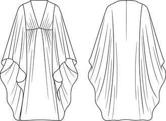 Girls cocoon dress, loose sleeve dress, kids kaftan style, children wear fashion sketch, vector cocoon dress, front and back view template