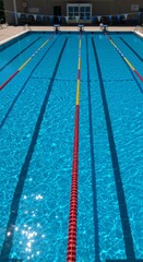 Obraz premium Empty lanes in a swimming pool on a sunny day with clear blue water and vivid lane ropes, representing sports competition and healthy lifestyle.