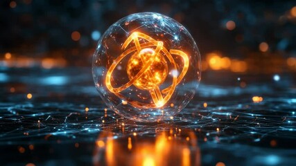 Futuristic Atomic Particle Visualization with Glowing Orb and Digital Network - Powered by Adobe