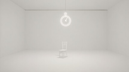 A minimalist chair and table in white space with a floating stopwatch, symbolizing the test of time.