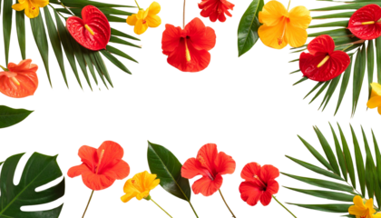  Tropical Paradise Composition with Palm Leaves and Exotic Flowers"