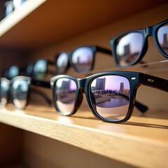 Black sunglasses with urban cityscape reflection displayed on wooden shelf in eyewear store, stylish fashion accessory