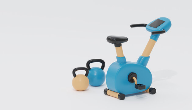 3D Render of Exercise Bike and Kettlebells