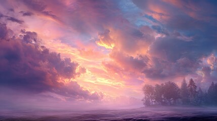 Obraz premium Dreamy sunrise landscape pastel sky misty field and trees
