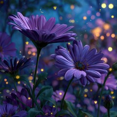 Obraz premium Enchanting purple flowers glow softly under a night sky, illuminated by magical fireflies creating a dreamy, whimsical scene.