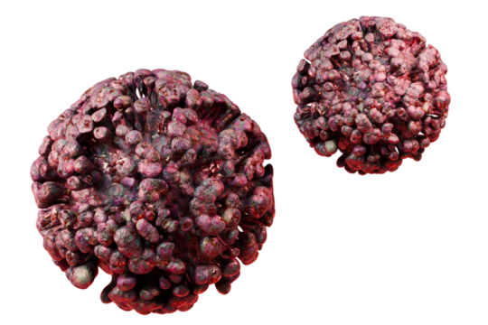 3d Coronavirus particle virus with red spike protein on red surface, close up view of virus structure icon, detailed viral infection concept with digital illustration and dark background. 3d render.