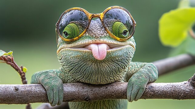 playful green gecko with sunglasses and tongue out on branch in nature