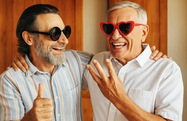 Funny Older Men Laughing and Wearing Novelty Sunglasses