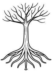 Bare Winter Tree with Exposed Roots: Line Art Illustration, Minimalist Style, Symbolic, Nature, Growth, Resilience