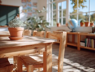 Sunlit Classroom: Wooden desks and chairs, potted plants, and books create a warm and inviting learning environment.