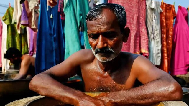 Traditional Indian washerman washing clothes by hand , colorful garments drying under sun