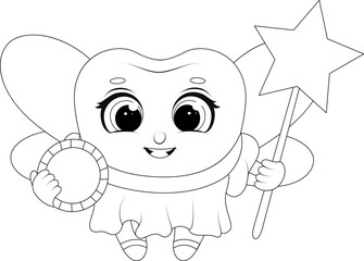 Tooth fairy coloring page for kids with coin and wand