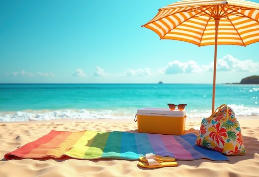 vibrant beach essentials colorful towels umbrella flip flops sunglasses ice cooler beach bag shore sand, sunscreen, surfboard, sea, coast, accessory, hat