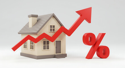 A house model with a rising red arrow and a percent sign. A concept representing increasing real estate prices, high mortgage rates, and housing market growth.
